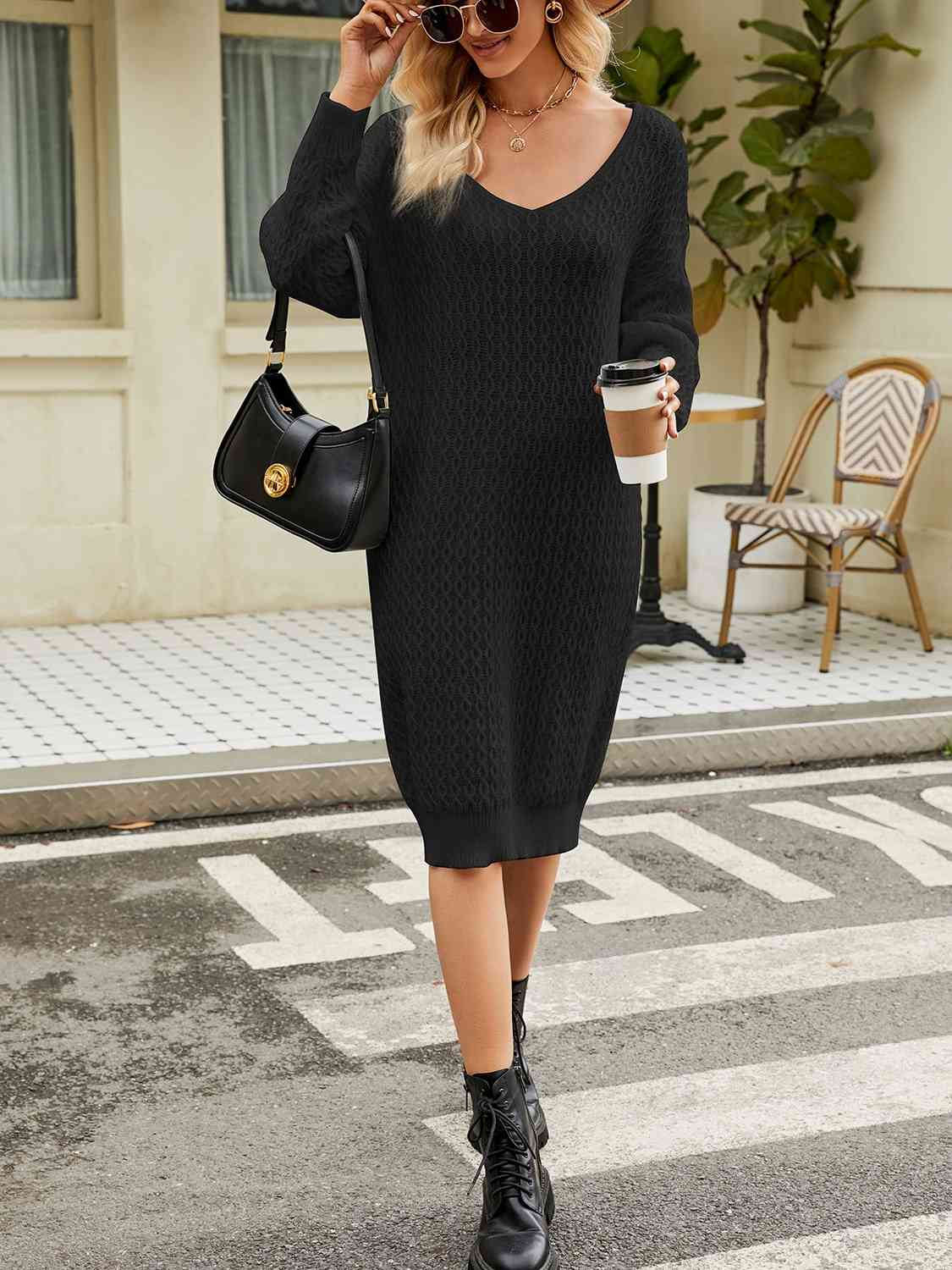V-Neck Long Sleeve Sweater Dress Bazaarbey