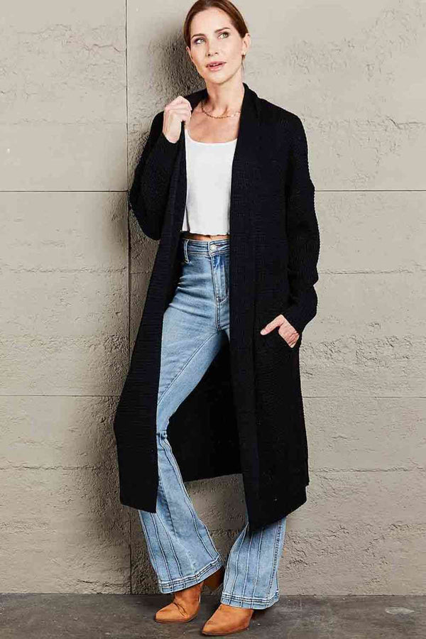  Waffle Knit  Duster Cardigan With Pockets Trendsi