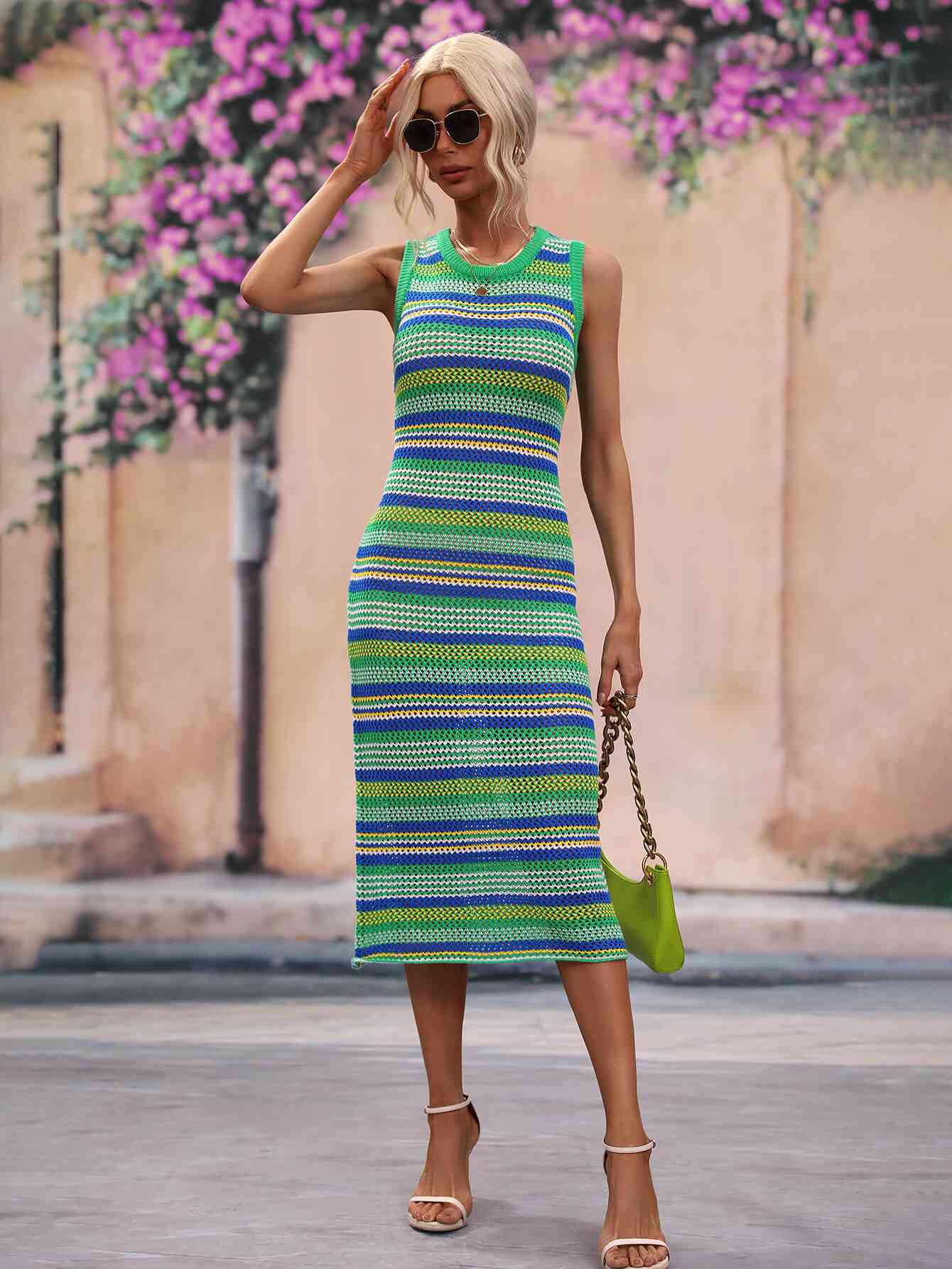 Striped Round Neck Sleeveless Midi Cover Up Dress Bazaarbey