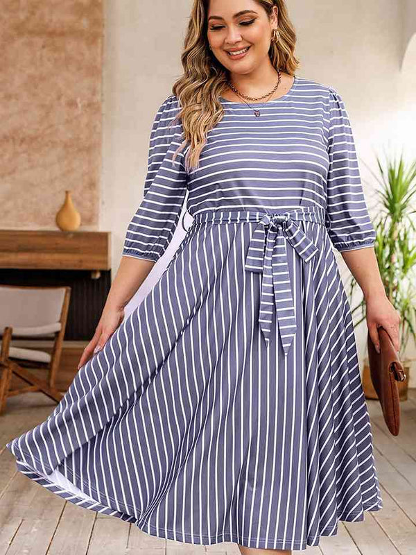 Plus Size Round Neck Striped Tie Waist Dress -BazaarBey - www.shopbazaarbey.com