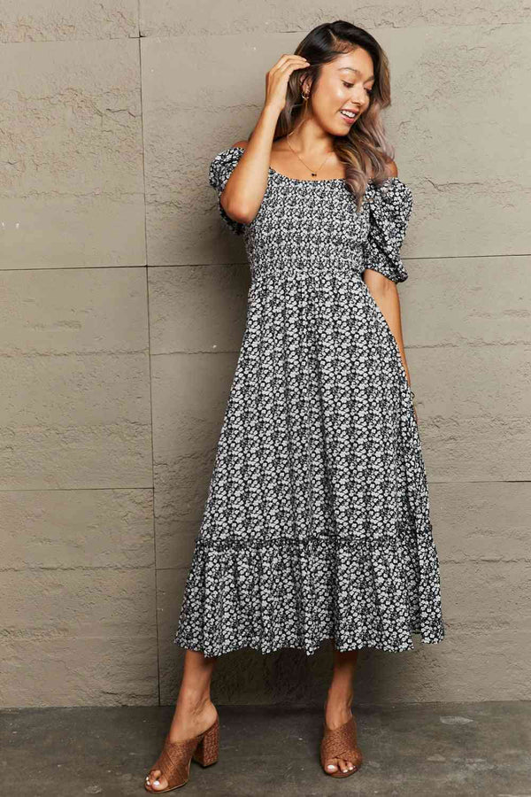 Floral Lace-Up Off-Shoulder Midi Dress -BazaarBey - www.shopbazaarbey.com
