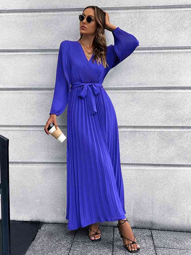 V-Neck Tie Waist Pleated Maxi Dress Bazaarbey