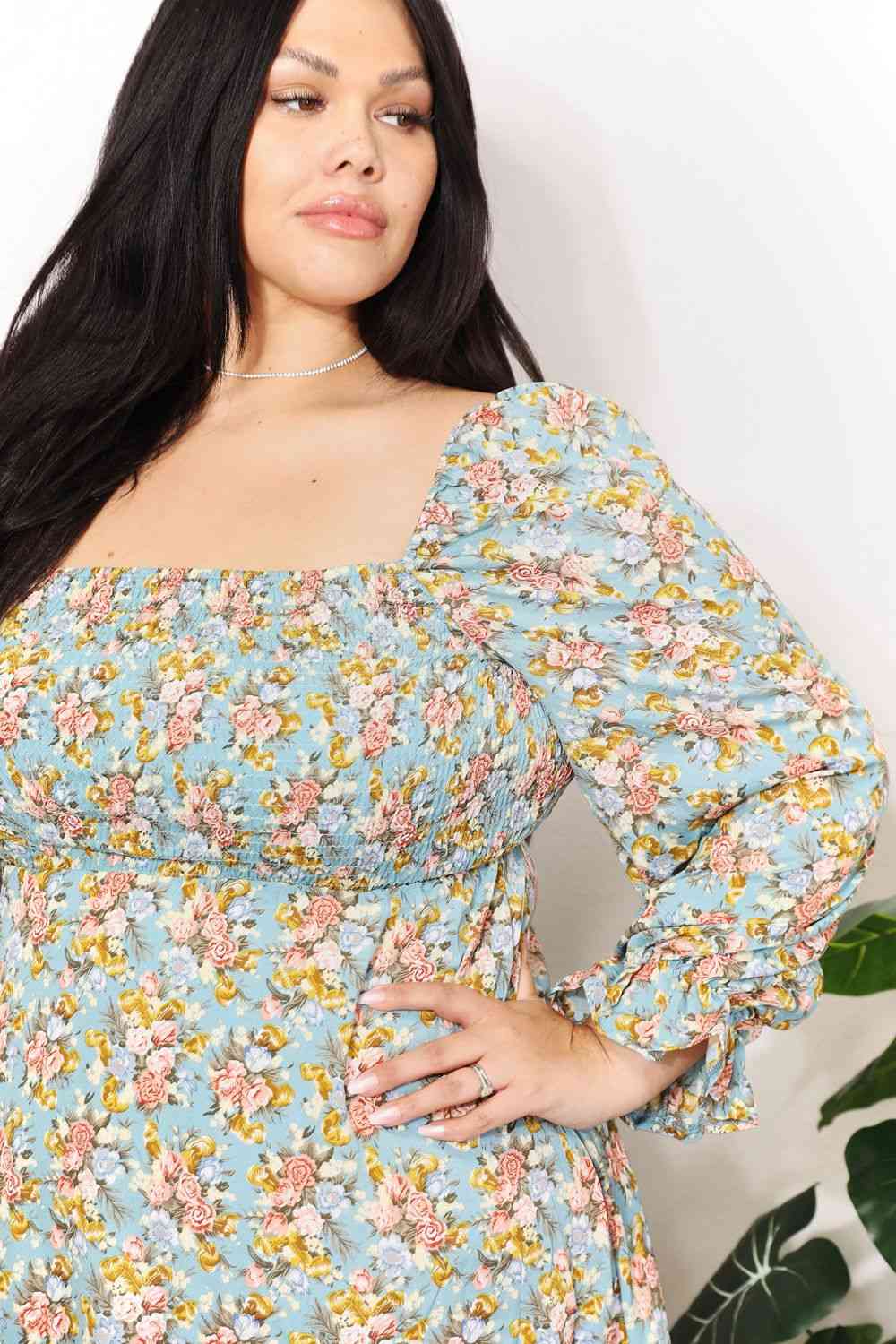  Floral Smocked Flounce Sleeve Square Neck Dress -BazaarBey - www.shopbazaarbey.com