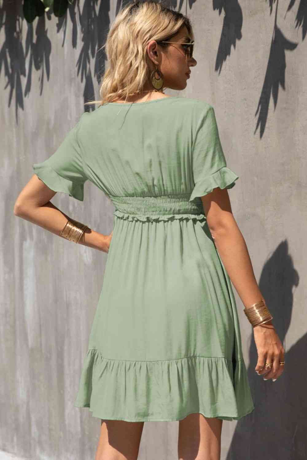 Smocked Waist Flounce Sleeve Ruffle Hem Dress -BazaarBey - www.shopbazaarbey.com