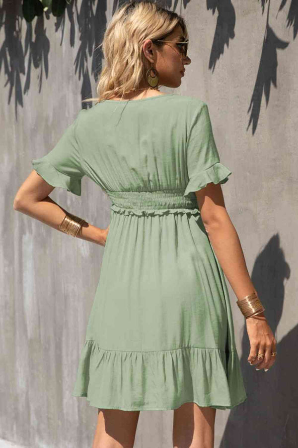 Smocked Waist Flounce Sleeve Ruffle Hem Dress -BazaarBey - www.shopbazaarbey.com