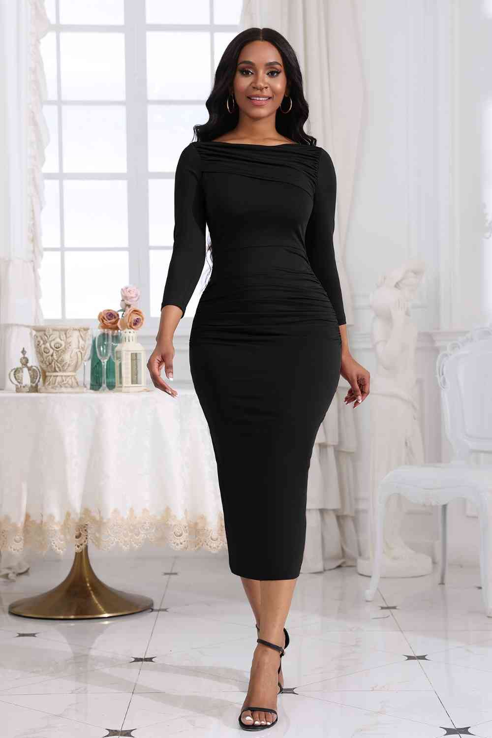 Ruched Boat Neck Midi Dress Bazaarbey
