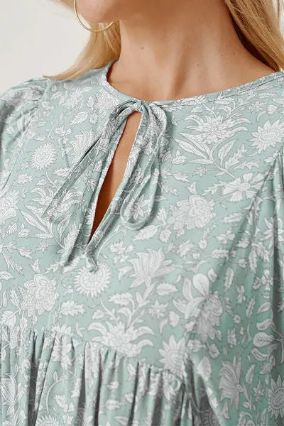 Floral Tie Neck Ruched Babydoll Dress -BazaarBey - www.shopbazaarbey.com