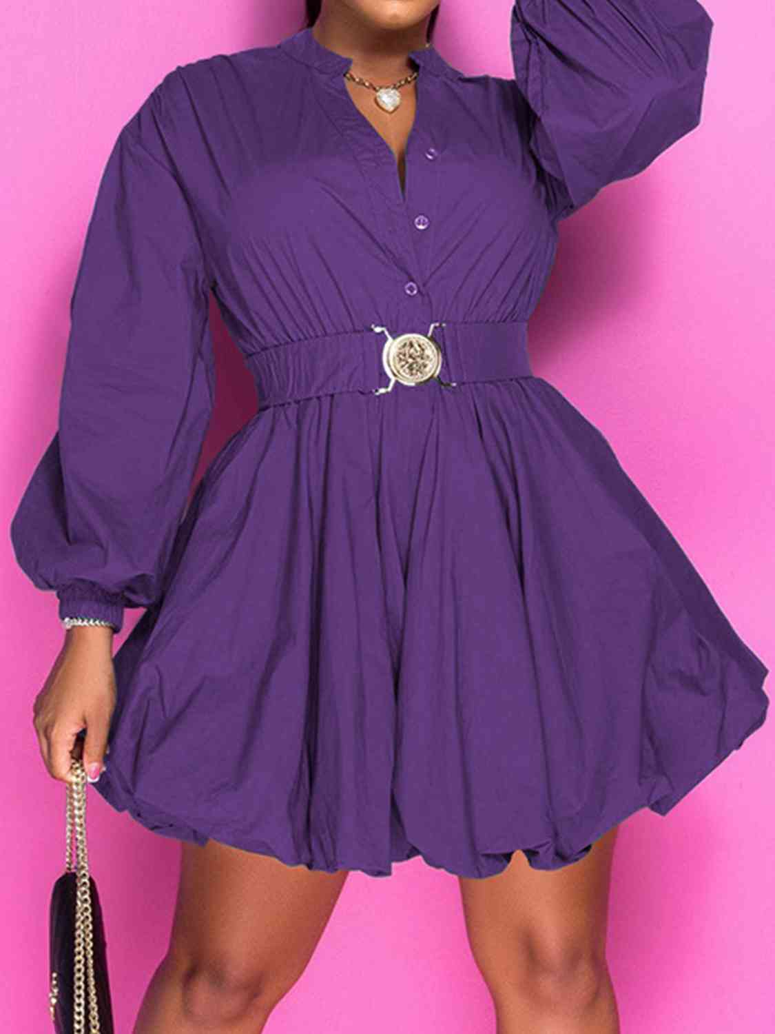 Notched Button Up Balloon Sleeves Dress -BazaarBey - www.shopbazaarbey.com
