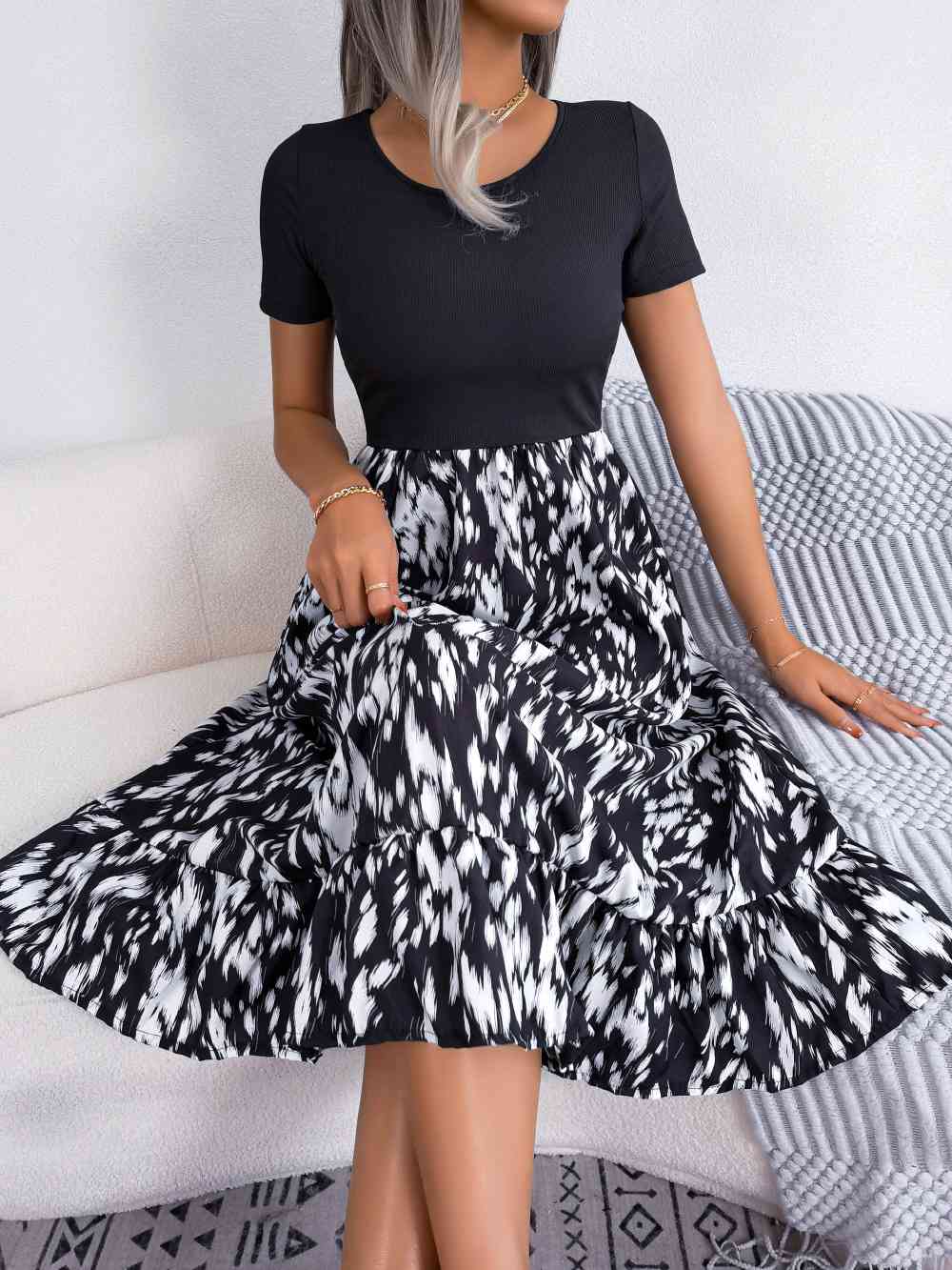 Printed Round Neck Ruffle Hem Dress -BazaarBey - www.shopbazaarbey.com