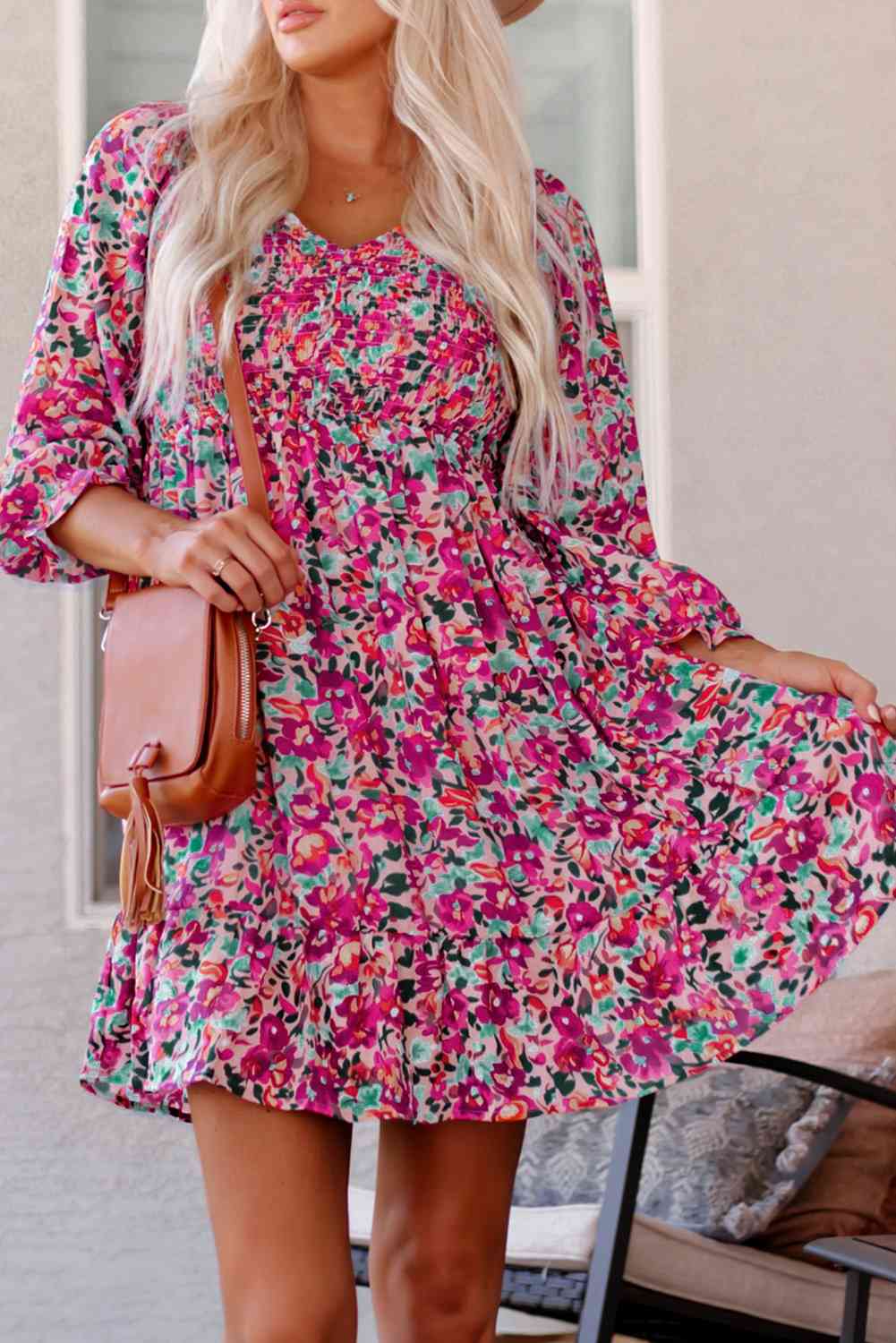 Floral Smocked V-Neck Flounce Sleeve Dress -BazaarBey - www.shopbazaarbey.com