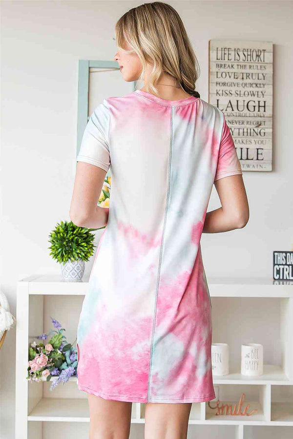 Tie-Dye Round Neck Short Sleeve Slit Dress -BazaarBey - www.shopbazaarbey.com