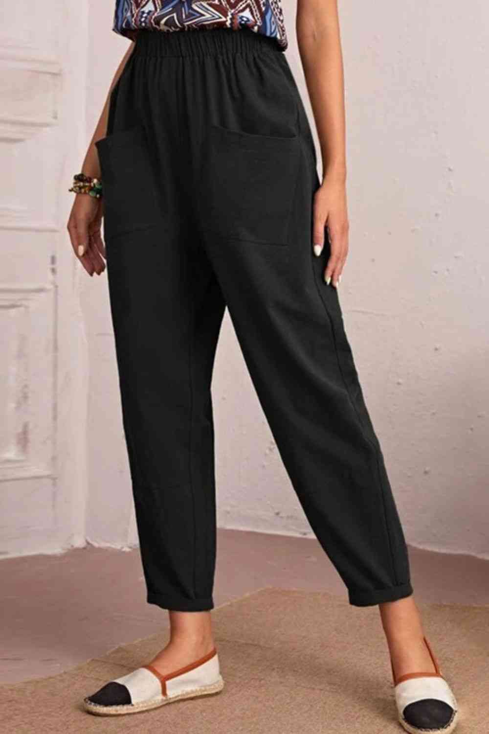 Elastic Waist Pocket Tapered Pants Bazaarbey