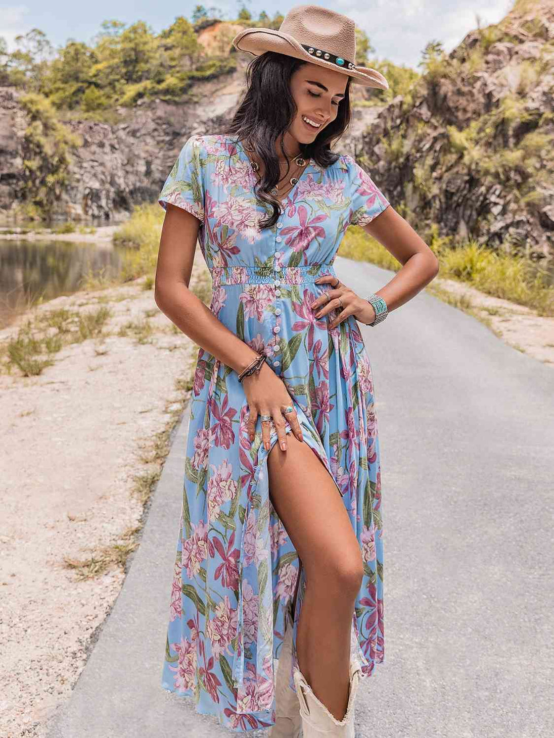 Floral V-Neck Slit Dress -BazaarBey - www.shopbazaarbey.com