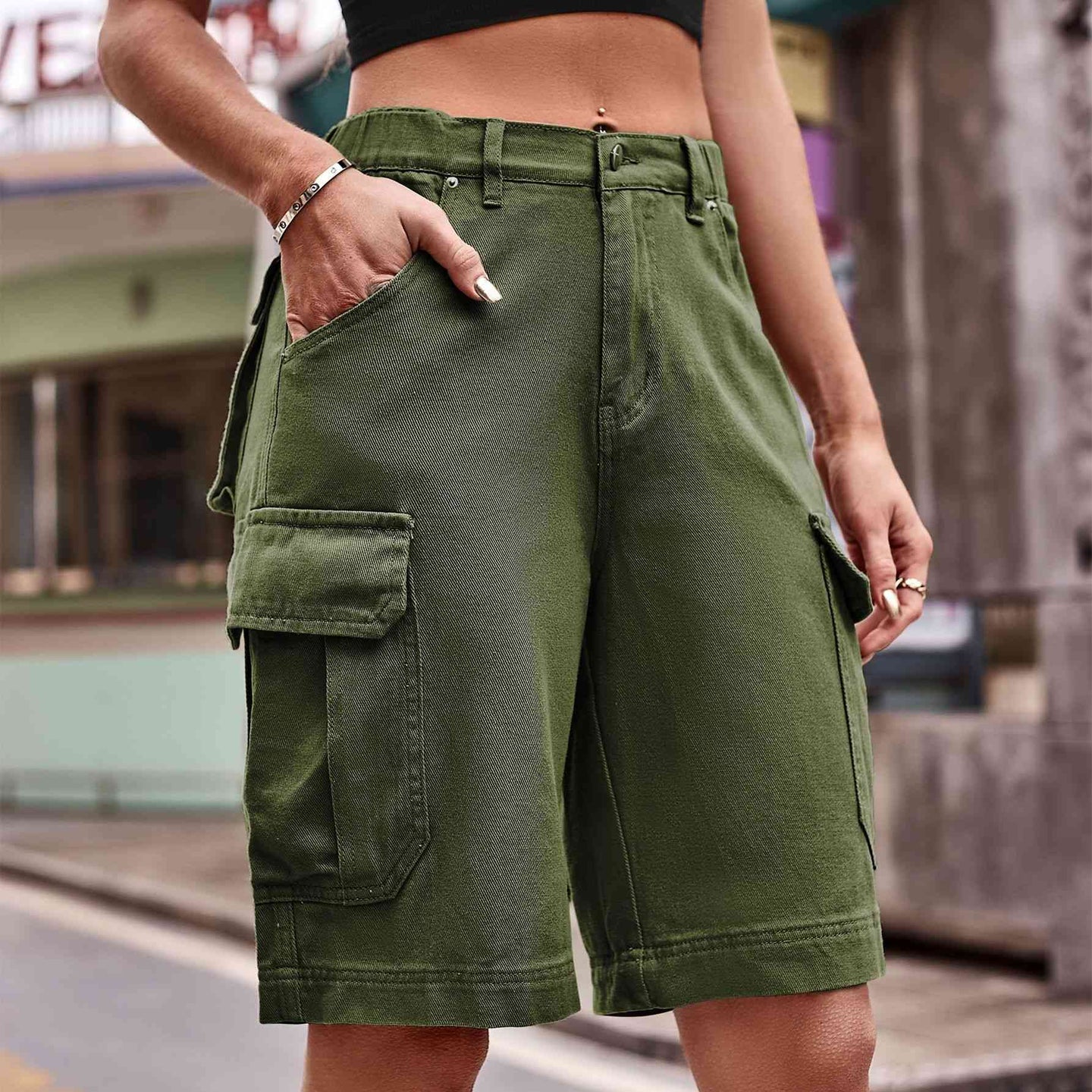 Denim Cargo Shorts with Pockets Bazaarbey