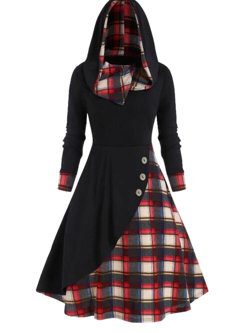 Plus Size Plaid Buttoned Long Sleeve Hooded Dress -BazaarBey - www.shopbazaarbey.com