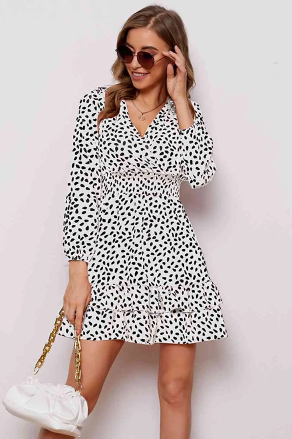 Printed  Neck Puff Sleeve Ruffle Hem Dress -BazaarBey - www.shopbazaarbey.com