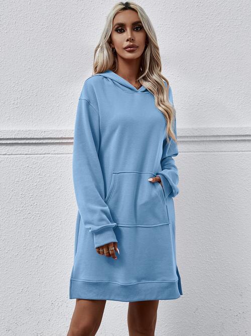 Slit Long Sleeve Hooded Dress with Pocket -BazaarBey - www.shopbazaarbey.com
