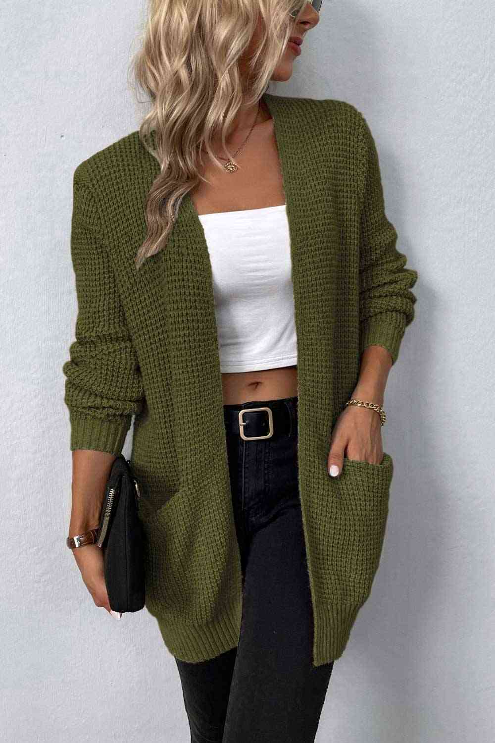 Rib-Knit  Pocketed Cardigan Trendsi