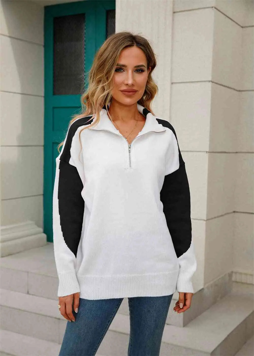 Two-Tone Collared Neck Dropped Shoulder Knit Top Trendsi