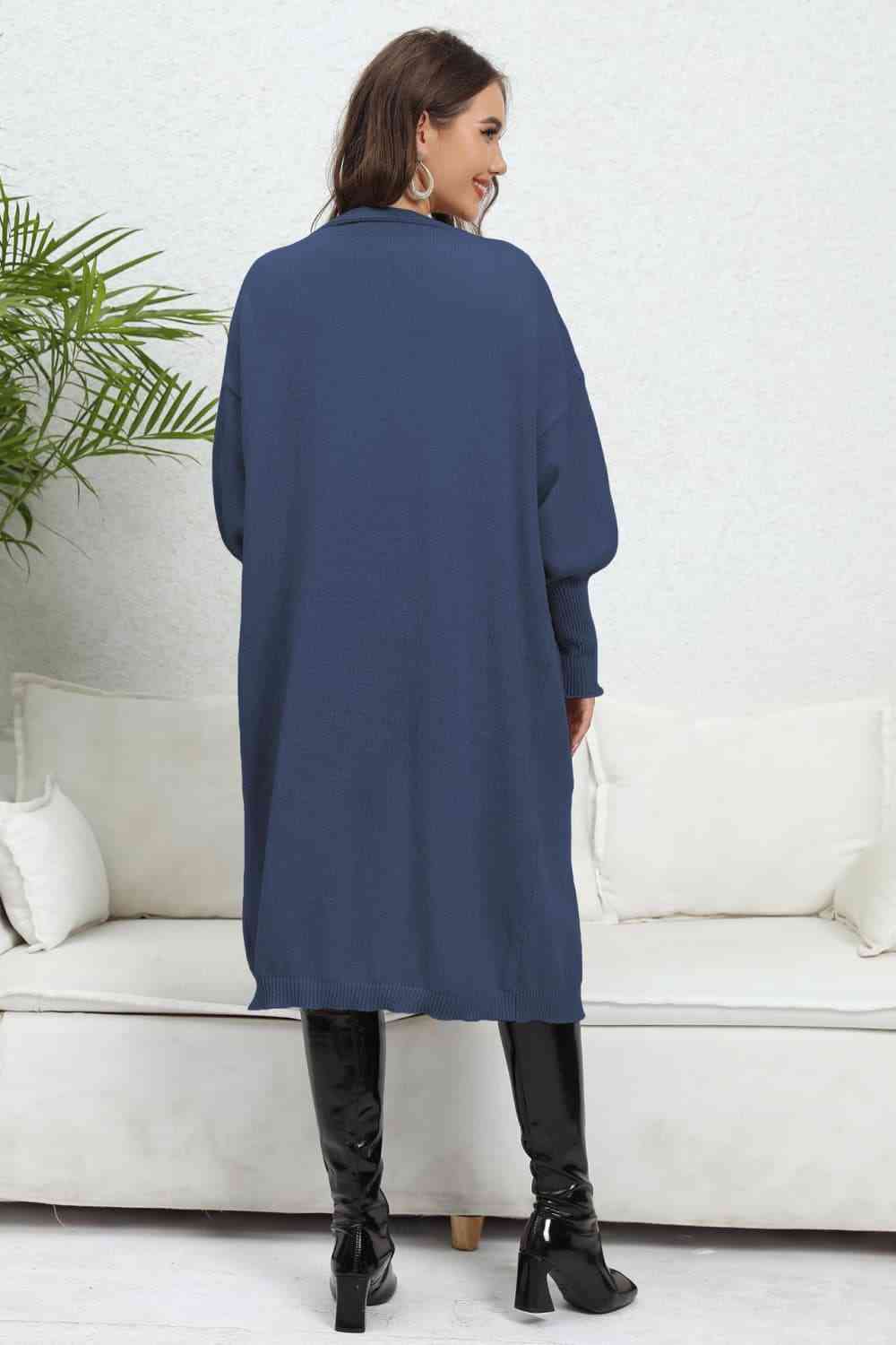 Lantern Sleeve Open Front Pocketed Cardigan Trendsi