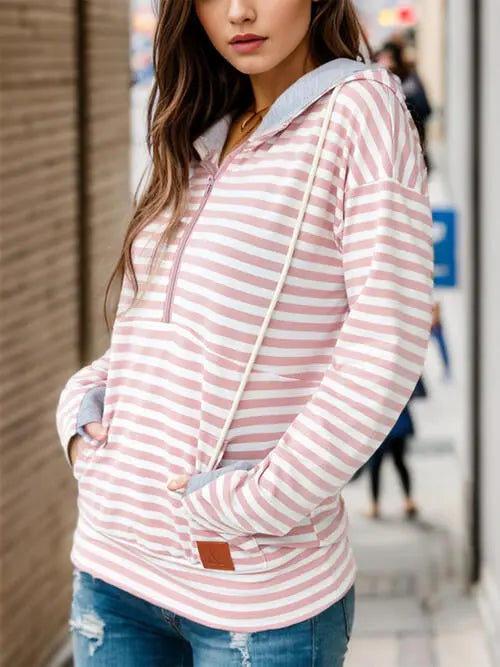 Striped Drawstring Half Zip Hoodie Trendsi