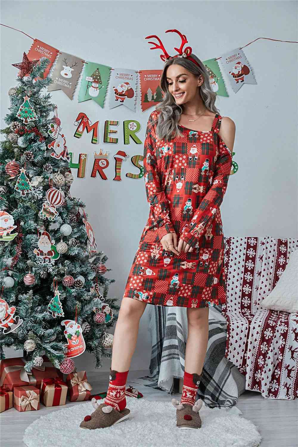 Christmas Asymmetrical Neck Long Sleeve Dress -BazaarBey - www.shopbazaarbey.com