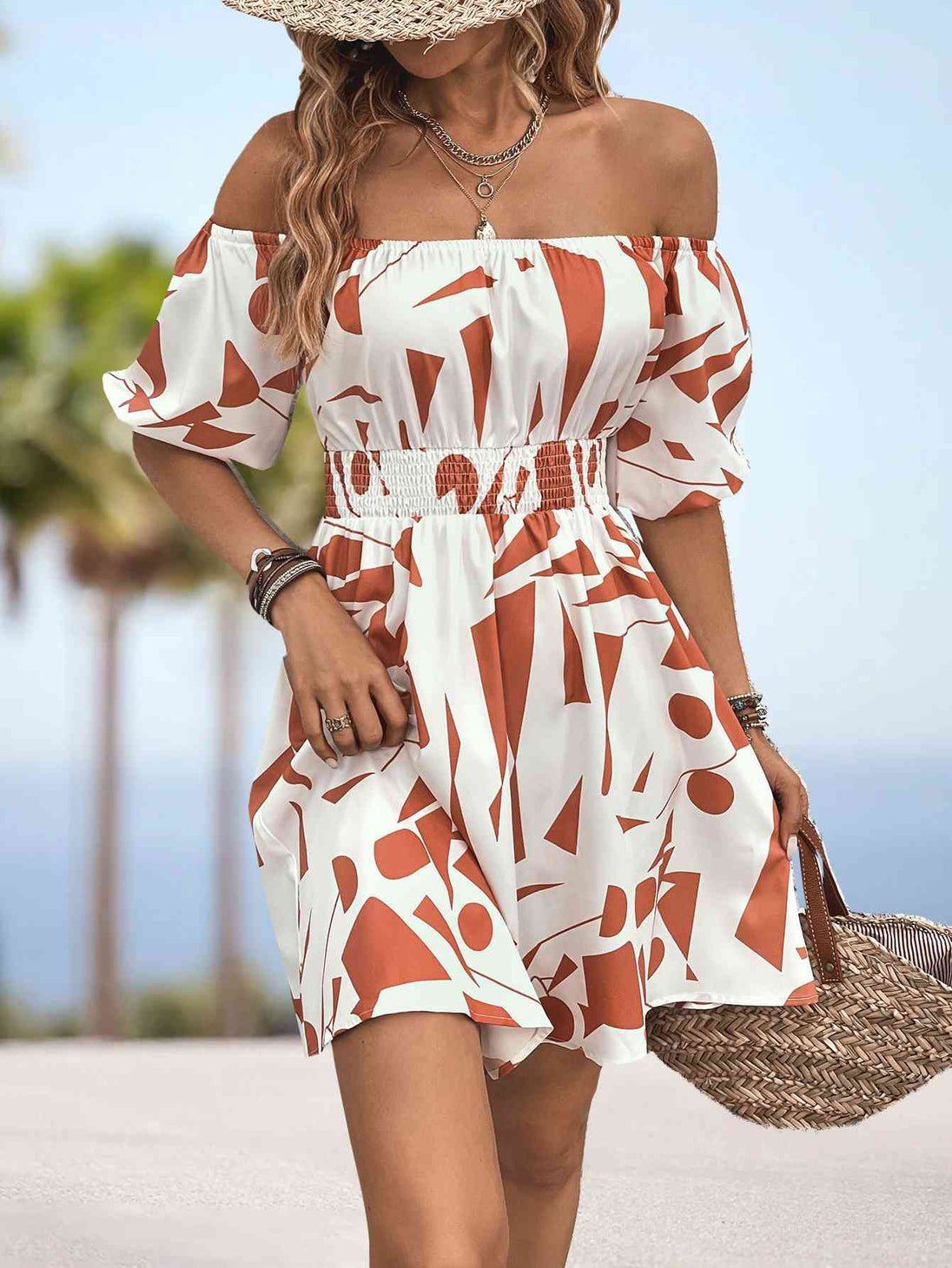 Printed Off-Shoulder Smocked Waist Dress -BazaarBey - www.shopbazaarbey.com