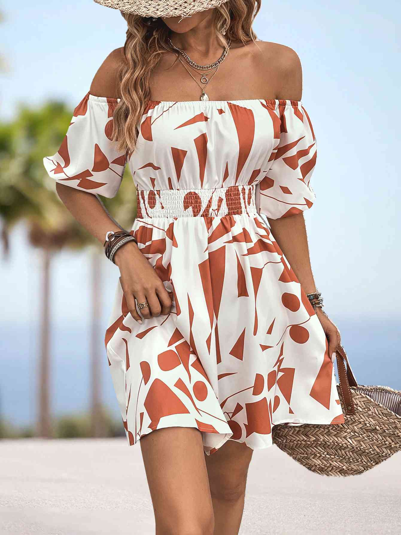 Printed Off-Shoulder Smocked Waist Dress -BazaarBey - www.shopbazaarbey.com