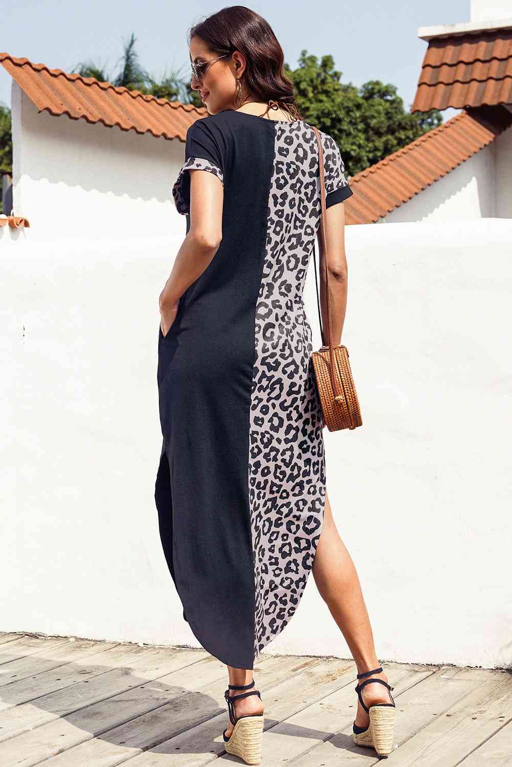 Leopard Color Block Split Dress -BazaarBey - www.shopbazaarbey.com
