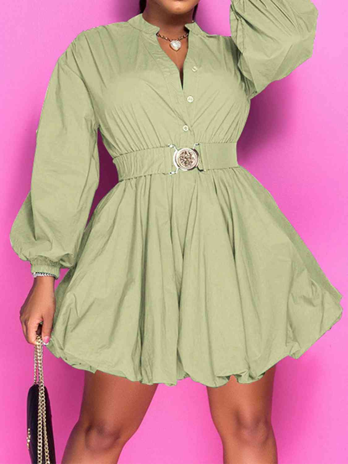 Notched Button Up Balloon Sleeves Dress -BazaarBey - www.shopbazaarbey.com