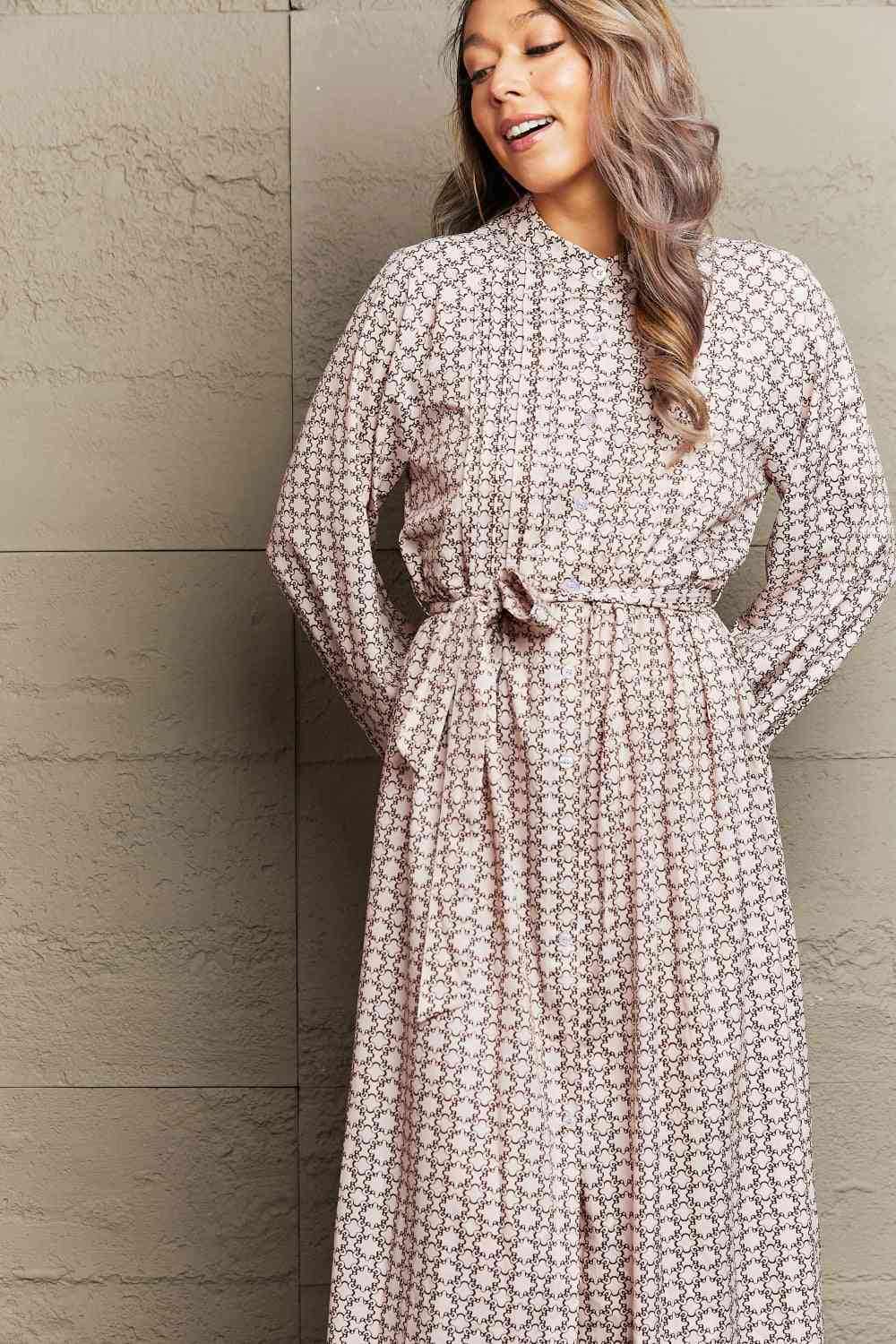 Printed Tie Waist Long Sleeve Dress -BazaarBey - www.shopbazaarbey.com