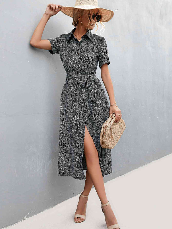 Printed Tie Waist Short Sleeve Shirt Dress -BazaarBey - www.shopbazaarbey.com