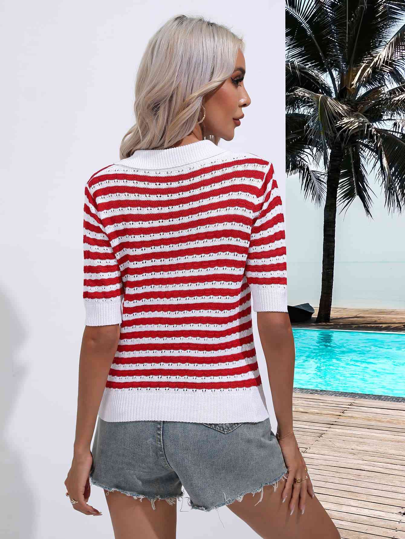 Striped  Half Sleeve Knit Top Trendsi