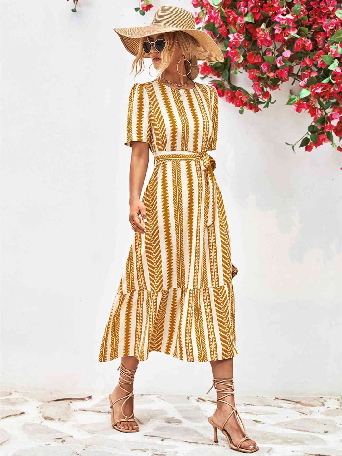 Striped Tie Belt Round Neck Puff Sleeve Dress -BazaarBey - www.shopbazaarbey.com