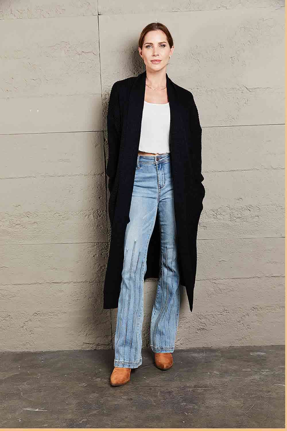  Waffle Knit  Duster Cardigan With Pockets Trendsi