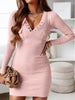 V-Neck Long Sleeve Ribbed Dress -BazaarBey - www.shopbazaarbey.com
