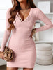 V-Neck Long Sleeve Ribbed Dress -BazaarBey - www.shopbazaarbey.com