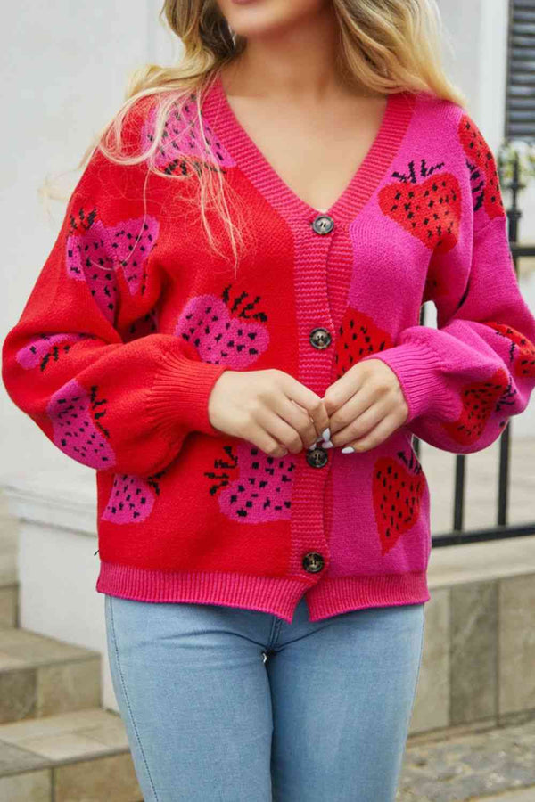 Printed V-Neck Button-Down Long Sleeve Cardigan Trendsi