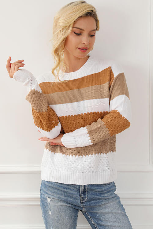 BazaarBey Striped Round Neck Long Sleeve Knit Top Bazaarbey