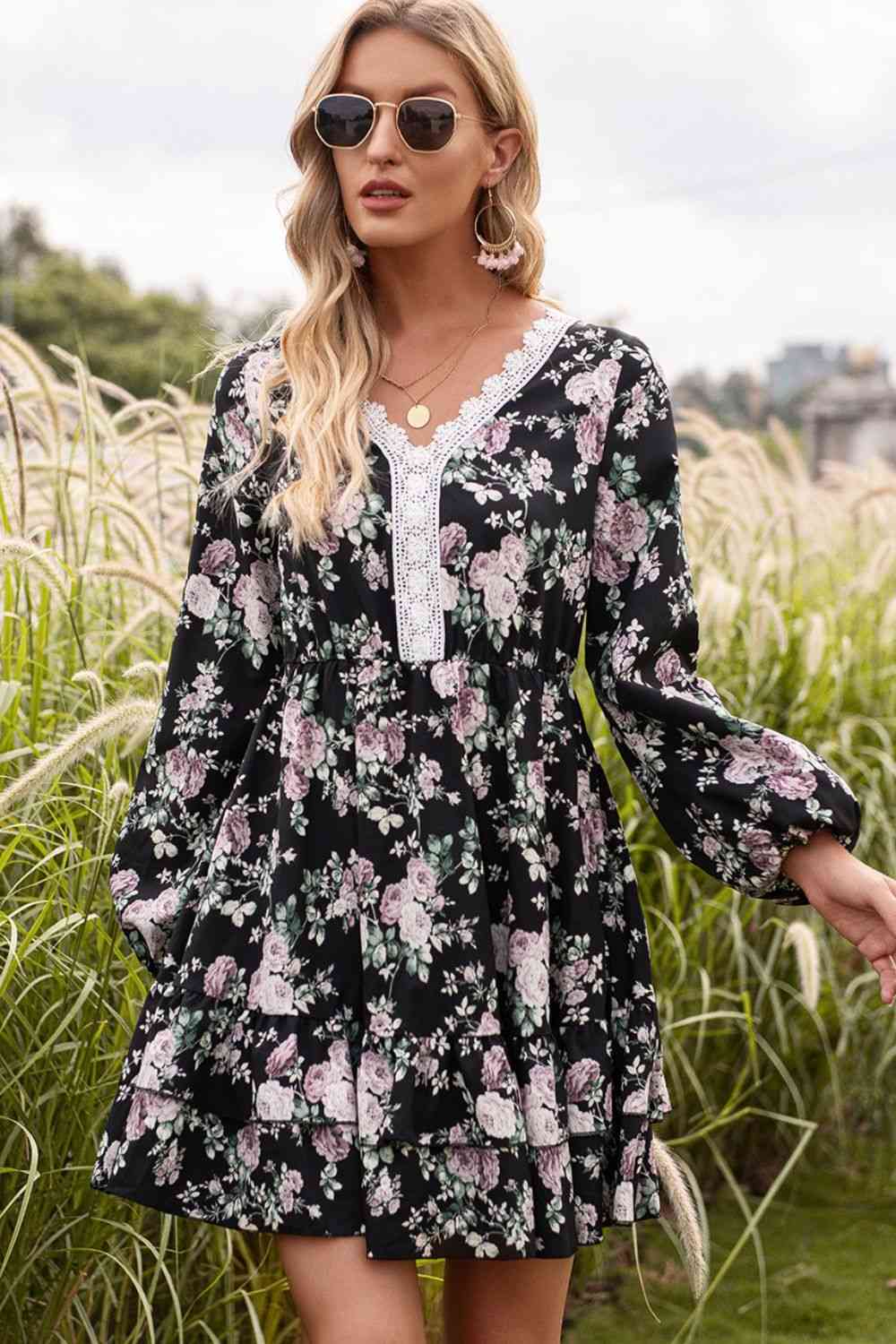 Floral Lace Trim Long Sleeve Dress -BazaarBey - www.shopbazaarbey.com