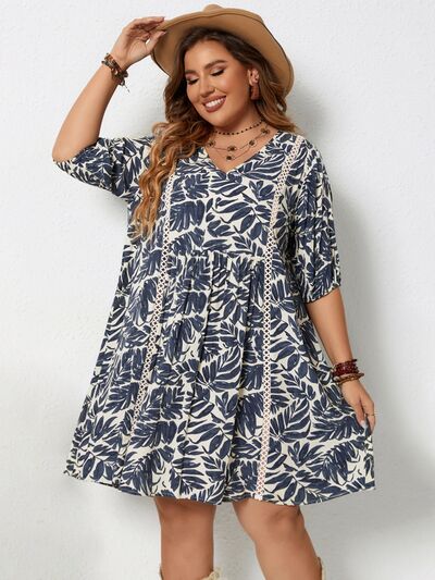 Plus Size Printed V-Neck Half Sleeve Mini Dress -BazaarBey - www.shopbazaarbey.com
