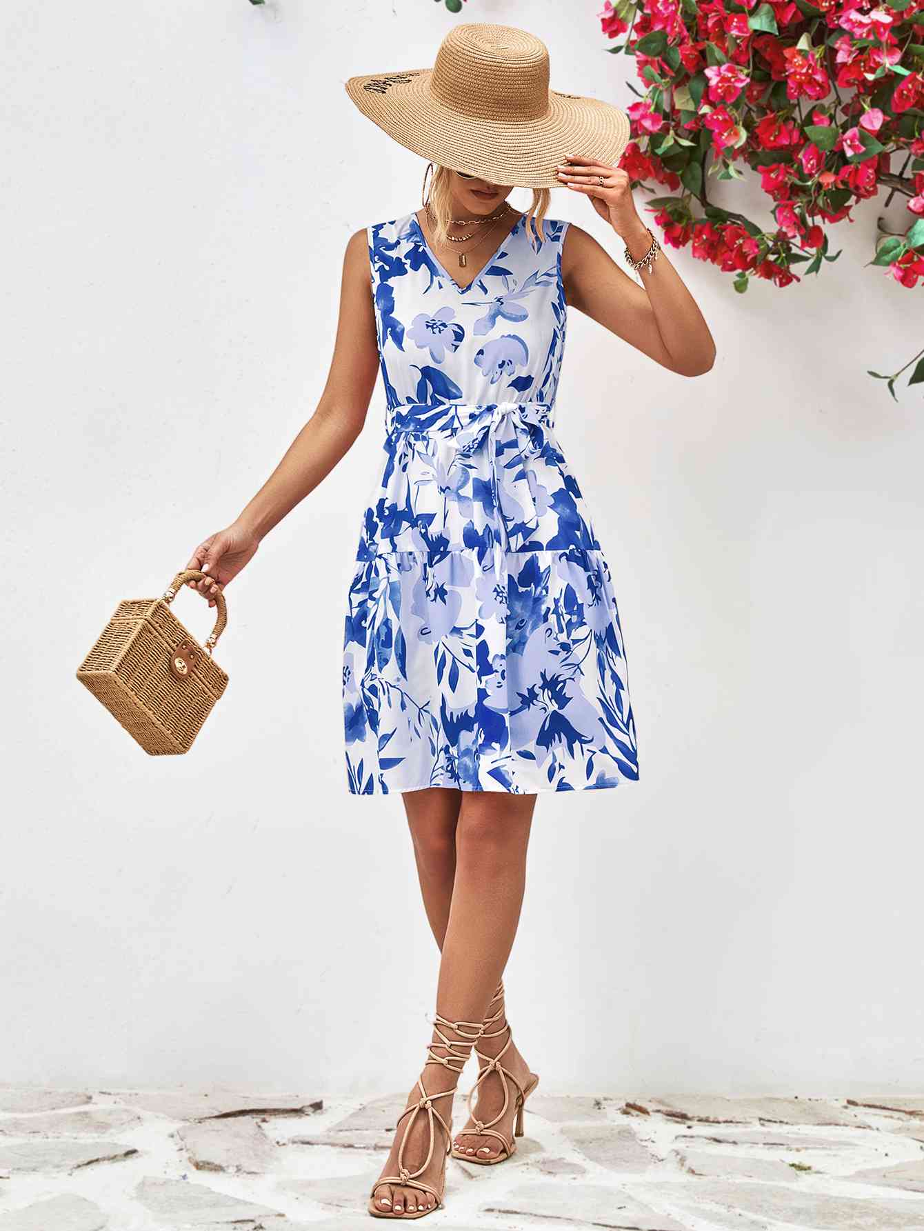 Floral V-Neck Tie Waist Sleeveless Dress -BazaarBey - www.shopbazaarbey.com