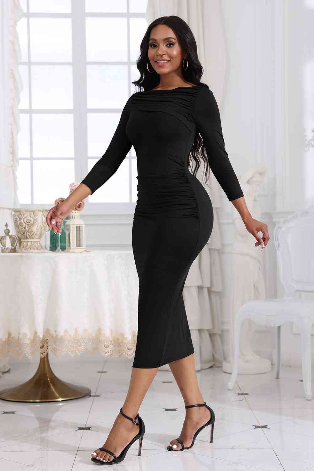 Ruched Boat Neck Midi Dress Bazaarbey