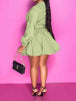 Notched Button Up Balloon Sleeves Dress -BazaarBey - www.shopbazaarbey.com