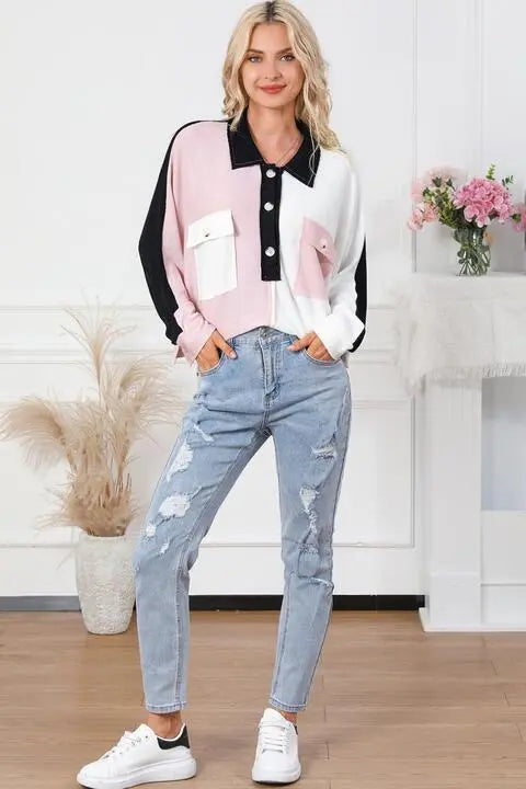Multicolor Button-Down Long Sleeve Blouse Trendsi