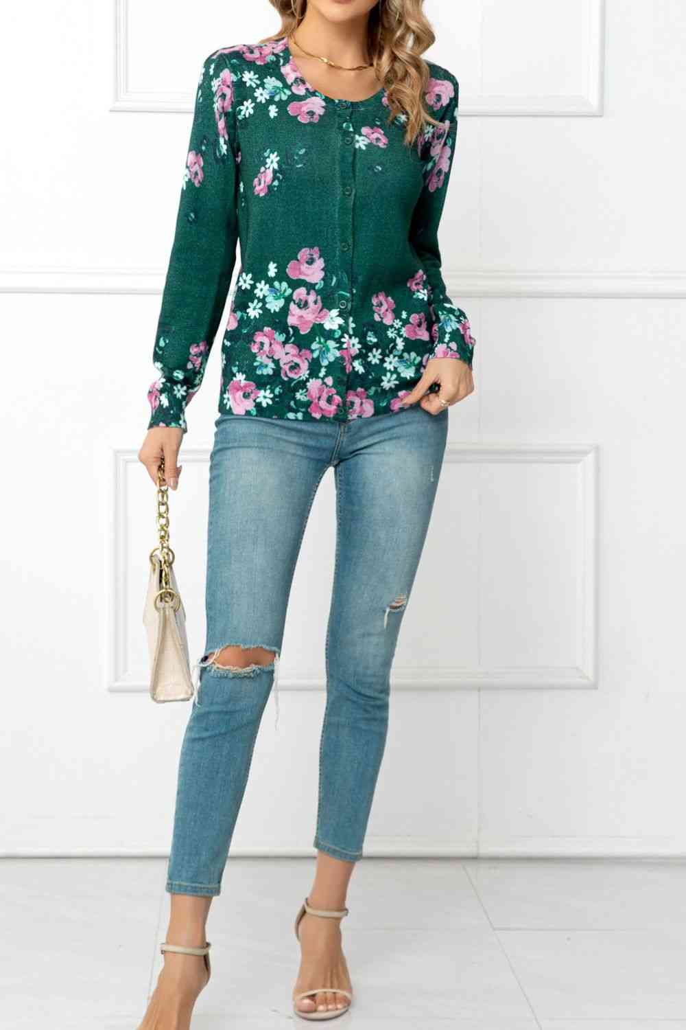  Floral Button Front Round Neck Cardigan Trendsi