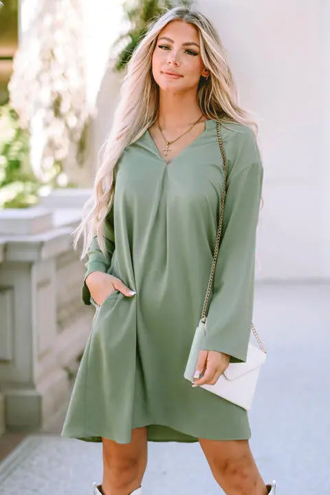 Notched Long Sleeve Dress with Pockets -BazaarBey - www.shopbazaarbey.com