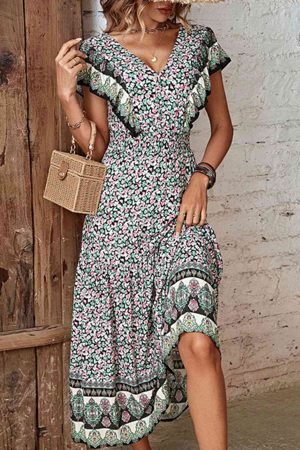 Floral Ruffled Plunge Dress -BazaarBey - www.shopbazaarbey.com