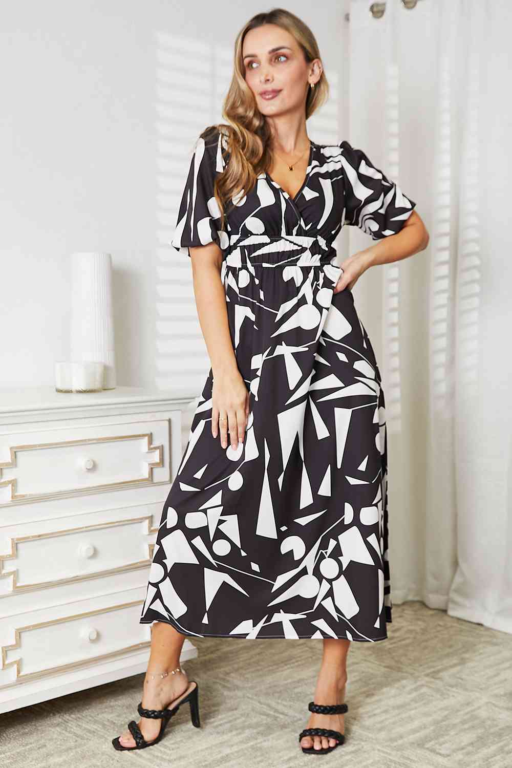  Printed  Balloon Sleeve Dress -BazaarBey - www.shopbazaarbey.com