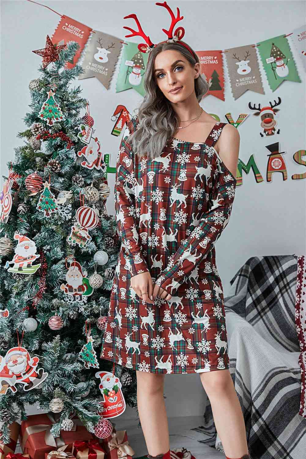Christmas Asymmetrical Neck Long Sleeve Dress -BazaarBey - www.shopbazaarbey.com